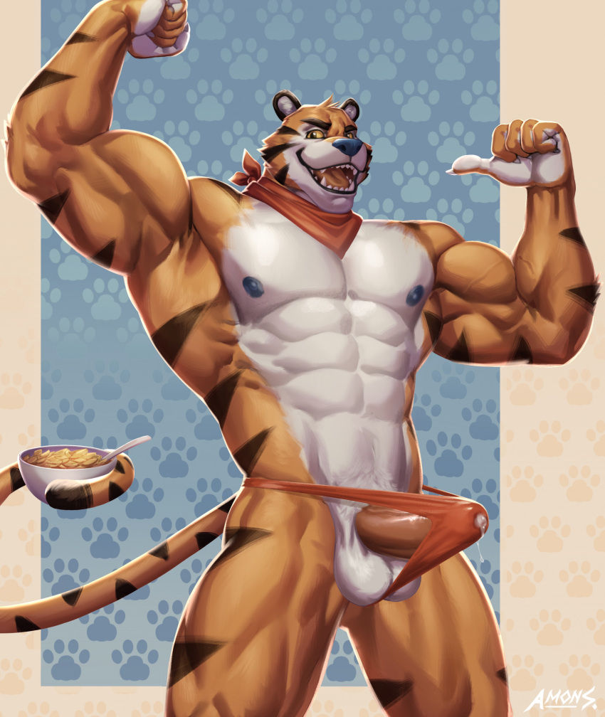 2023 abs amon-sydonai anthro balls biceps big_muscles black_lips blue_nipples blue_nose bodily_fluids cereal cereal_bowl claws clothed clothing countershade_torso countershading digital_media_(artwork) digital_painting_(artwork) felid fist flexing food frosted_flakes fur genital_fluids genitals hi_res jockstrap kellogg's kerchief lips looking_at_viewer male mammal markings mascot multicolored_body muscular muscular_anthro muscular_male muscular_thighs neckerchief nipples obliques open_mouth orange_body orange_fur pantherine pecs penis precum precum_through_clothing precum_through_jockstrap precum_through_underwear red_clothing red_jockstrap red_kerchief red_neckerchief red_underwear sharp_teeth simple_background smile solo standing striped_body striped_fur stripes tail tail_holding_object tail_markings teeth tiger tony_the_tiger topless underwear underwear_only vein veiny_penis wet wet_clothing white_body white_fur