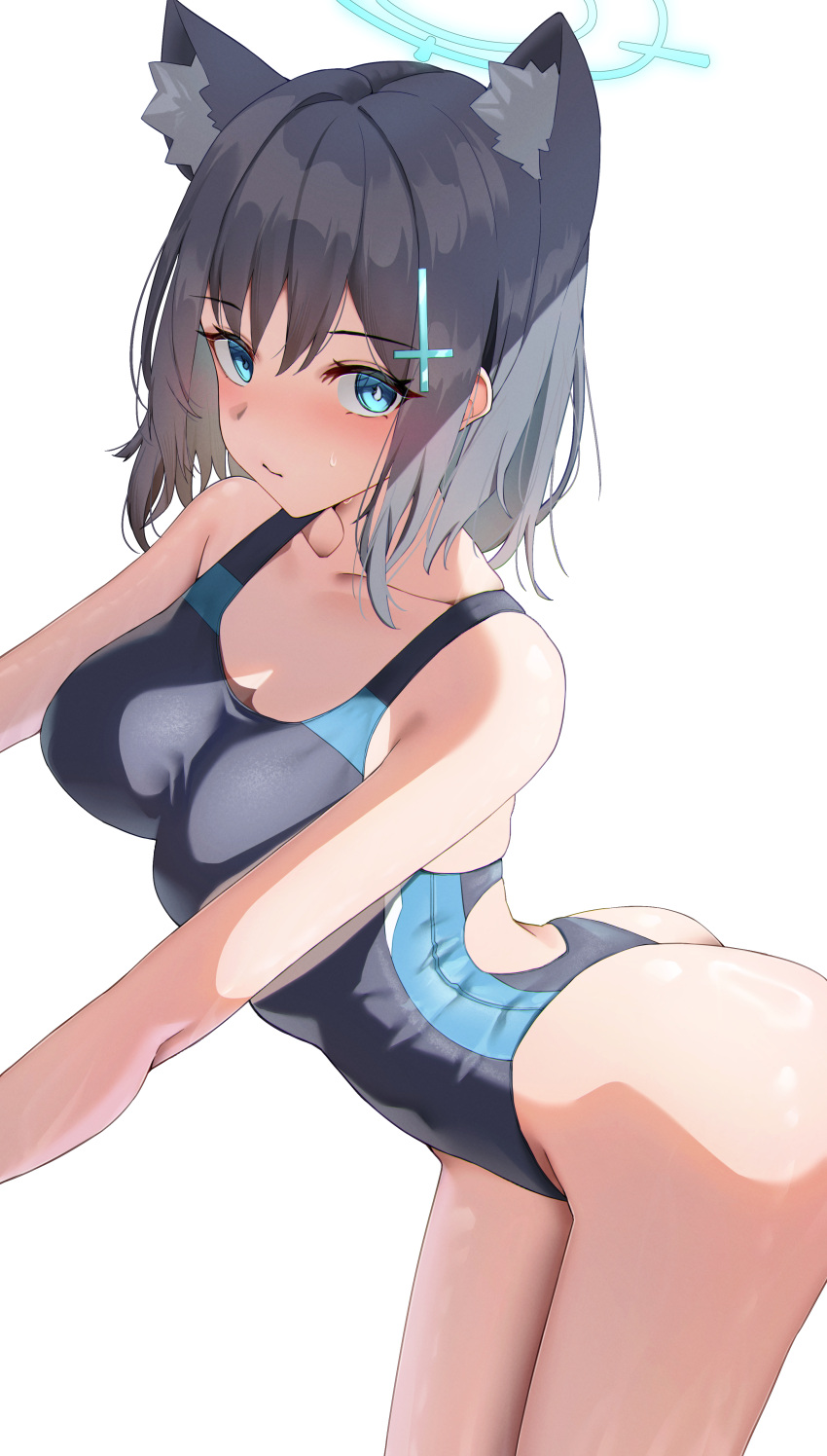 1girl absurdres animal_ear_fluff animal_ears ass bare_arms bare_shoulders blue_archive blue_eyes blush breasts collarbone competition_swimsuit cowboy_shot grey_hair halo highleg highleg_swimsuit highres katagirinanoka looking_at_viewer medium_breasts one-piece_swimsuit shiroko_(blue_archive) shiroko_(swimsuit)_(blue_archive) simple_background solo swimsuit thong white_background