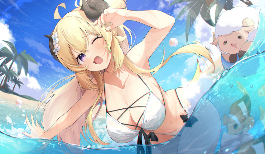 1girl absurdres ahoge animal_ears beach blonde_hair blush bow bowtie breasts cleavage cloud clownfish eat_some_cookie fish hair_ornament highres hololive horns large_breasts long_hair ocean one_eye_closed open_mouth outdoors partially_submerged purple_eyes sheep sheep_ears sheep_girl sheep_horns sidelocks sky solo swimsuit tsunomaki_watame very_long_hair virtual_youtuber water wet