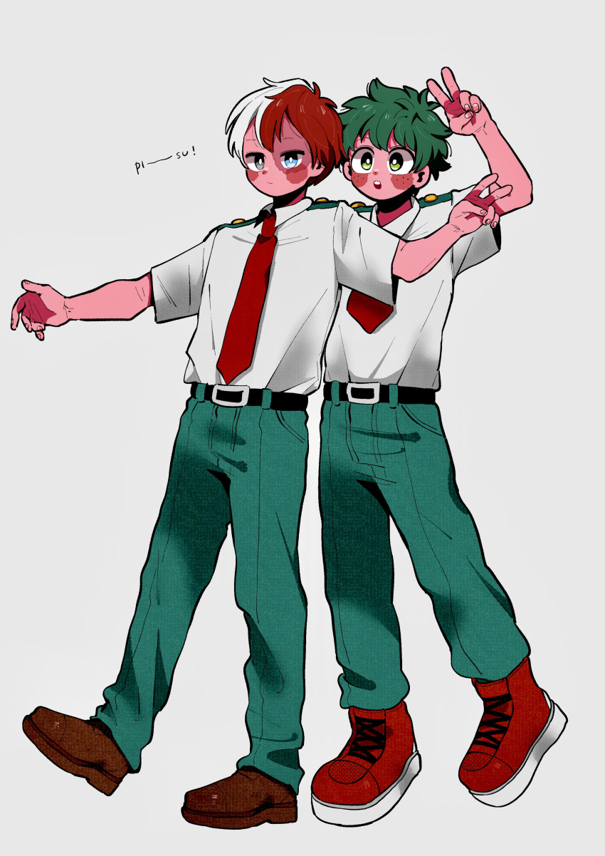 2boys :o absurdres alternate_skin_color anna_(aannnaa3) arm_up belt belt_buckle black_belt blue_eyes blush_stickers boku_no_hero_academia bright_pupils brown_footwear buckle burn_scar closed_mouth collared_shirt colored_skin commentary cross-laced_footwear eyebrows_hidden_by_hair fingernails freckles from_side full_body green_eyes green_hair green_pants grey_background grey_eyes hands_up heterochromia highres leg_up looking_at_viewer looking_to_the_side male_focus midoriya_izuku multicolored_hair multiple_boys necktie open_mouth outstretched_arms pants pink_nails pink_skin red_footwear red_hair red_necktie scar scar_on_face school_uniform shirt shoes short_eyebrows short_hair short_sleeves sideways_glance simple_background sneakers sound_effects split-color_hair spread_arms summer_uniform teeth todoroki_shouto two-tone_hair u.a._school_uniform upper_teeth_only v walking white_hair white_pupils white_shirt wing_collar