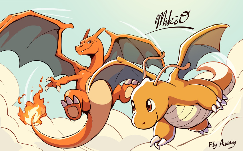 absurdres animal_focus artist_name brown_eyes charizard claws cloud colored_skin dragon dragon_wings dragonite english_commentary english_text fire flying highres horns no_humans nostrils orange_skin pokemon pokemon_(creature) puppercase smile tail wings