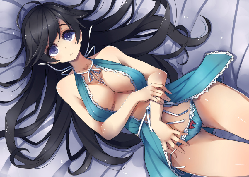 1girl absurdres ahoge babydoll bed_sheet black_eyes black_hair blue_babydoll bow bow_panties breasts closed_mouth commentary from_above girls_und_panzer halterneck hand_on_own_arm highres isuzu_hana lace-trimmed_babydoll lace-trimmed_panties lace_trim lingerie long_hair looking_at_viewer lying medium_breasts on_back on_bed panties sattinittas side-tie_panties solo string_panties underwear