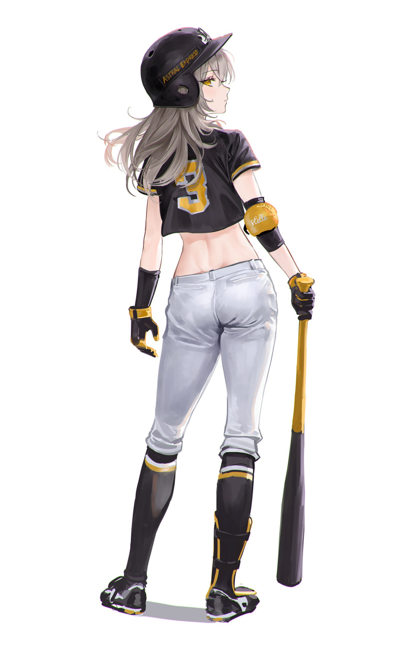 1girl absurdres ass back baseball_bat baseball_helmet baseball_jersey baseball_uniform dimples_of_venus elbow_pads expressionless from_behind grey_hair helmet highres honkai:_star_rail honkai_(series) looking_at_viewer looking_back medium_hair rity shoes short_sleeves simple_background single_elbow_pad solo sportswear stelle_(honkai:_star_rail) tank_top trailblazer_(honkai:_star_rail) yellow_eyes