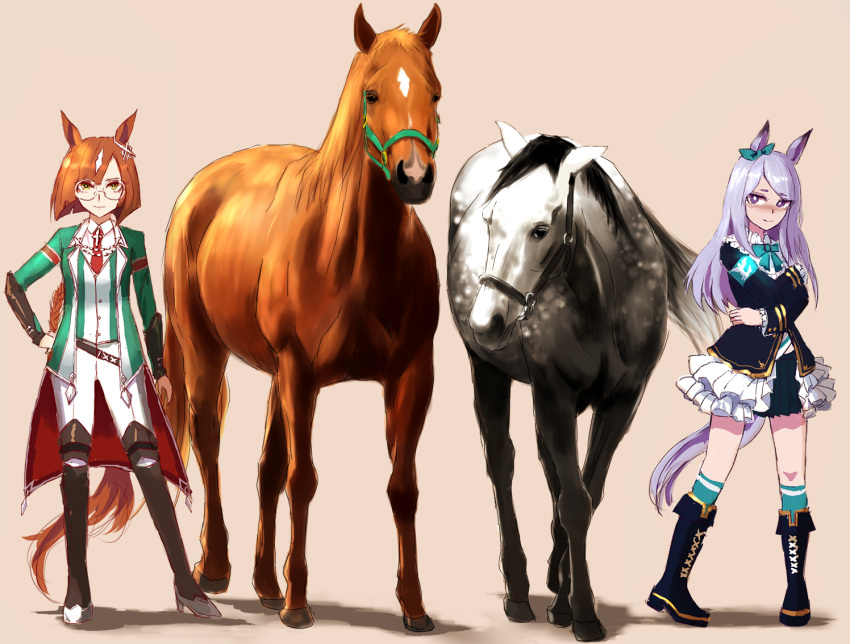 2girls 2others animal_ears black_footwear black_jacket boots bow bowtie brown_background creature_and_personification cross-laced_footwear ear_ribbon fantomyu full_body green_bow green_bowtie green_jacket green_ribbon horse horse_ears horse_girl horse_tail ikuno_dictus_(racehorse) ikuno_dictus_(umamusume) jacket lace-up_boots long_hair looking_at_another looking_at_viewer mejiro_mcqueen_(racehorse) mejiro_mcqueen_(umamusume) multicolored_hair multiple_girls multiple_others necktie orange_hair pants purple_eyes purple_hair red_necktie ribbon round_eyewear simple_background streaked_hair swept_bangs tail thigh_boots umamusume white_hair white_pants yellow_eyes