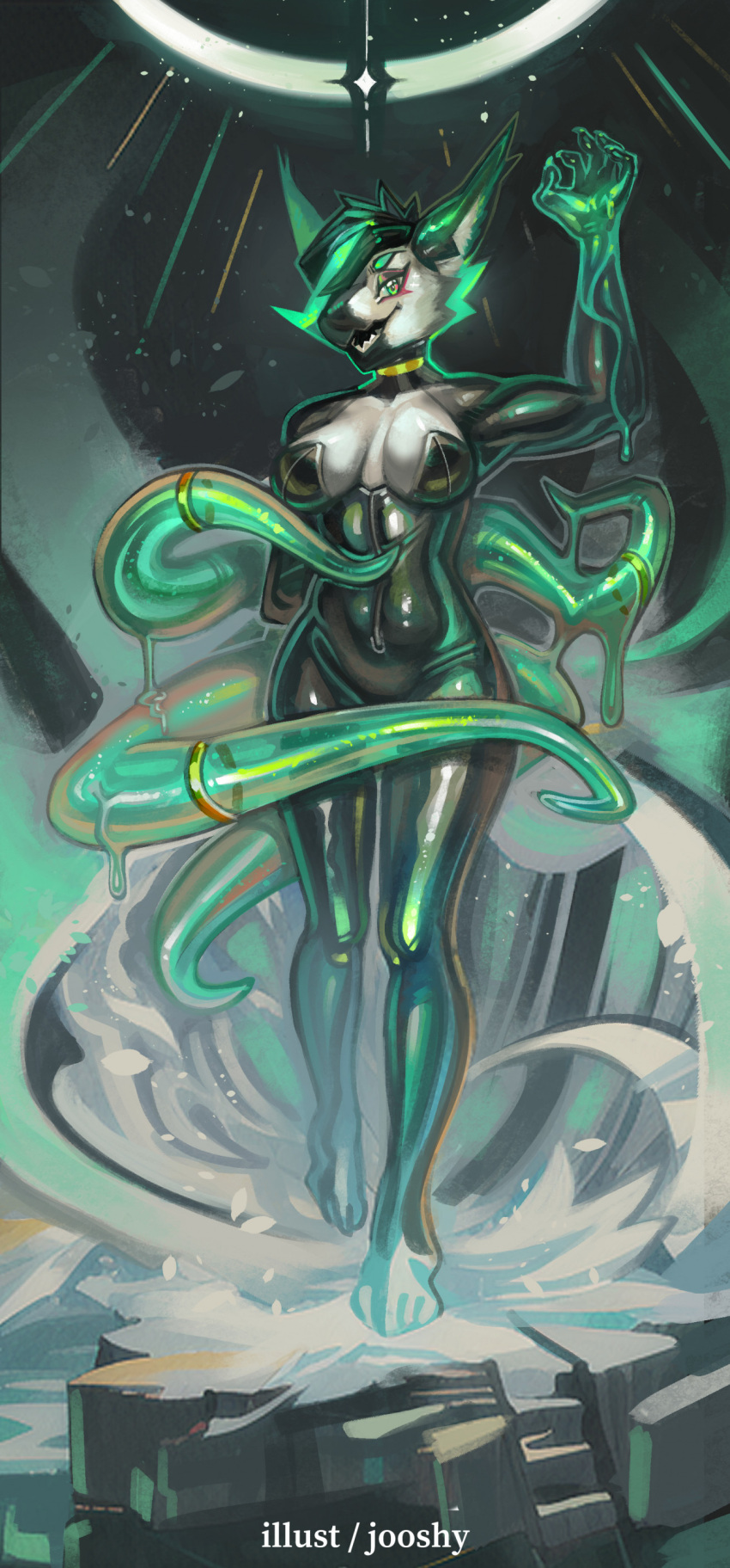 2023 5_fingers absurd_res anthro back_tentacles big_breasts black_body black_fur black_hair black_latex breasts choker clothing digital_media_(artwork) digital_painting_(artwork) dripping female fingers fur glistening_rubber goo_tentacles green_eyes green_goo green_hair green_tentacles grey_body grey_fur hair hi_res jewelry jooshy latex latex_clothing looking_at_viewer mojita_(jooshy) multicolored_body multicolored_fur multicolored_hair necklace open_mouth rubber rubber_clothing rubber_suit solo standing tentacles two_tone_body two_tone_fur two_tone_hair unknown_species yellow_choker yellow_jewelry yellow_necklace