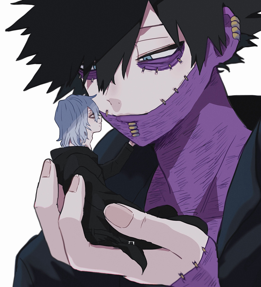 2boys ametaro_(ixxxzu) black_hair black_jacket blue_eyes boku_no_hero_academia burn_scar cheek_piercing dabi_(boku_no_hero_academia) grey_hair highres hood hooded_jacket implied_yaoi jacket male_focus medium_hair mini_person multiple_boys multiple_scars red_eyes scar scar_on_face shigaraki_tomura short_hair simple_background spiked_hair staple stapled white_background wrinkled_skin