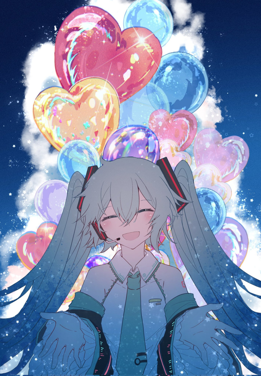 1girl aqua_eyes aqua_hair aqua_necktie balloon bare_shoulders blue_sky blush chinese_commentary closed_eyes cloud cloudy_sky collared_shirt commentary cumulonimbus_cloud detached_sleeves facing_viewer grey_shirt hair_between_eyes hair_ornament hatsune_miku highres long_bangs long_hair long_sleeves microphone necktie number_tattoo open_hands open_mouth outstretched_arms outstretched_hand reaching reaching_towards_viewer shirt shoulder_tattoo sky sleeveless sleeveless_shirt smile solo sparkle sunfish3939 tattoo twintails very_long_hair vocaloid