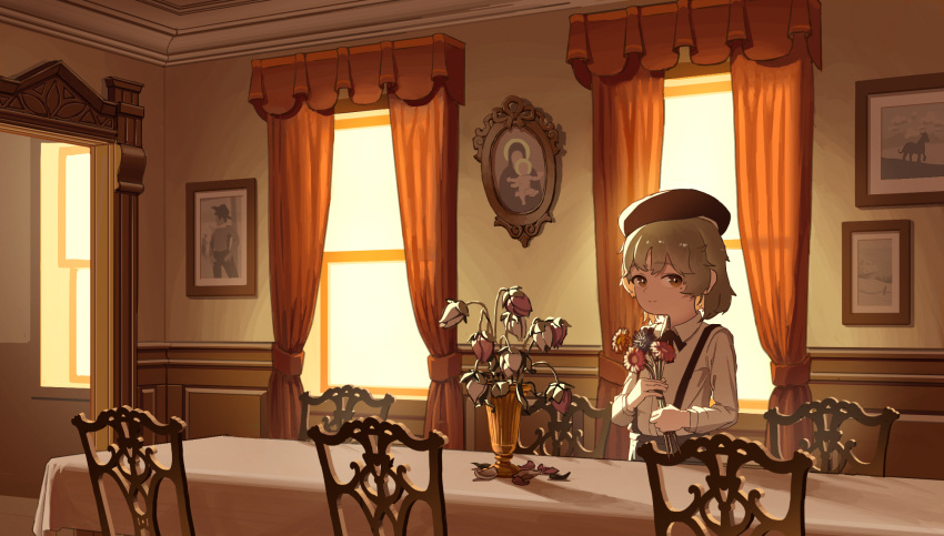 1girl beret black_headwear brown_eyes brown_hair chair christianity closed_mouth collared_shirt commentary cowboy curtains dining_room doorway flower hat hatoba_tsugu highres holding holding_flower horse house indoors jesus long_sleeves long_table looking_at_viewer medium_hair mole mole_under_eye oukayu overexposure painting_(object) pink_flower plant potted_plant raised_eyebrows scenery shirt shirt_tucked_in sidelighting smile solo standing suspenders table tablecloth the_bible tsugu_(vtuber) vase victorian virgin_mary virtual_youtuber white_flower wilted_flower window