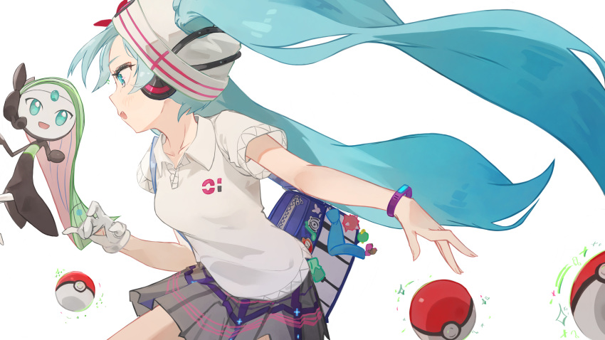 1girl absurdres bag behind-the-head_headphones blue_eyes blue_hair bracelet collared_shirt commentary gloves hatsune_miku headband headphones highres jewelry long_hair meloetta meloetta_(aria) mihoranran open_mouth pleated_skirt poke_ball pokemon pokemon_(creature) project_voltage psychic_miku_(project_voltage) shirt short_sleeves shoulder_bag single_glove skirt very_long_hair vocaloid