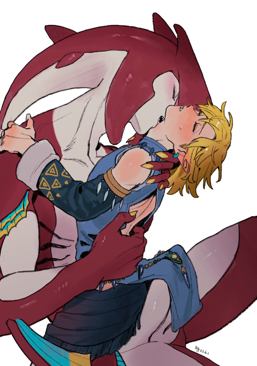 2boys back_cutout biting blonde_hair blush closed_eyes clothing_cutout dated detached_sleeves erection fish_boy frostbite_set_(zelda) highres link male_focus monster_boy multiple_boys neck_biting nose_blush penis pointy_ears rg_(20000223) sharp_teeth sidon signature simple_background size_difference teeth the_legend_of_zelda the_legend_of_zelda:_tears_of_the_kingdom white_background yaoi zora