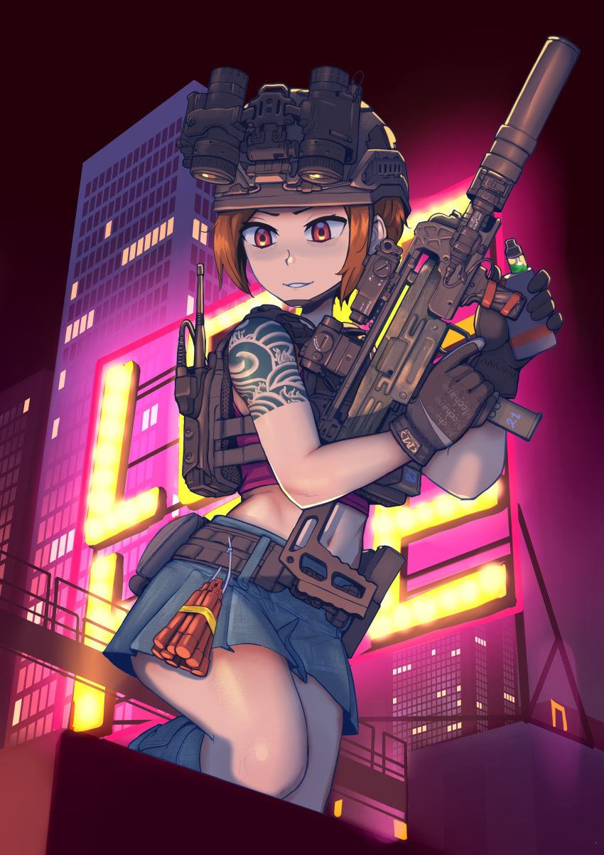 1girl absurdres backpack bag billboard brown_hair cityscape crop_top erica_(naze1940) gloves gun helmet highres imi_uzi looking_down midriff night night_vision_device optical_sight original plate_carrier red_eyes shoulder_tattoo skirt solo submachine_gun suppressor tattoo trigger_discipline weapon