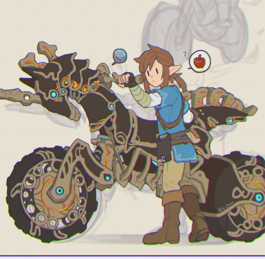 1boy apple bangs blue_shirt brown_gloves brown_hair brown_pants fingerless_gloves food fruit gloves highres ivy_(sena0119) link long_sleeves male_focus master_cycle medium_hair motor_vehicle motorcycle pants pointy_ears ponytail shirt solo standing the_legend_of_zelda the_legend_of_zelda:_breath_of_the_wild