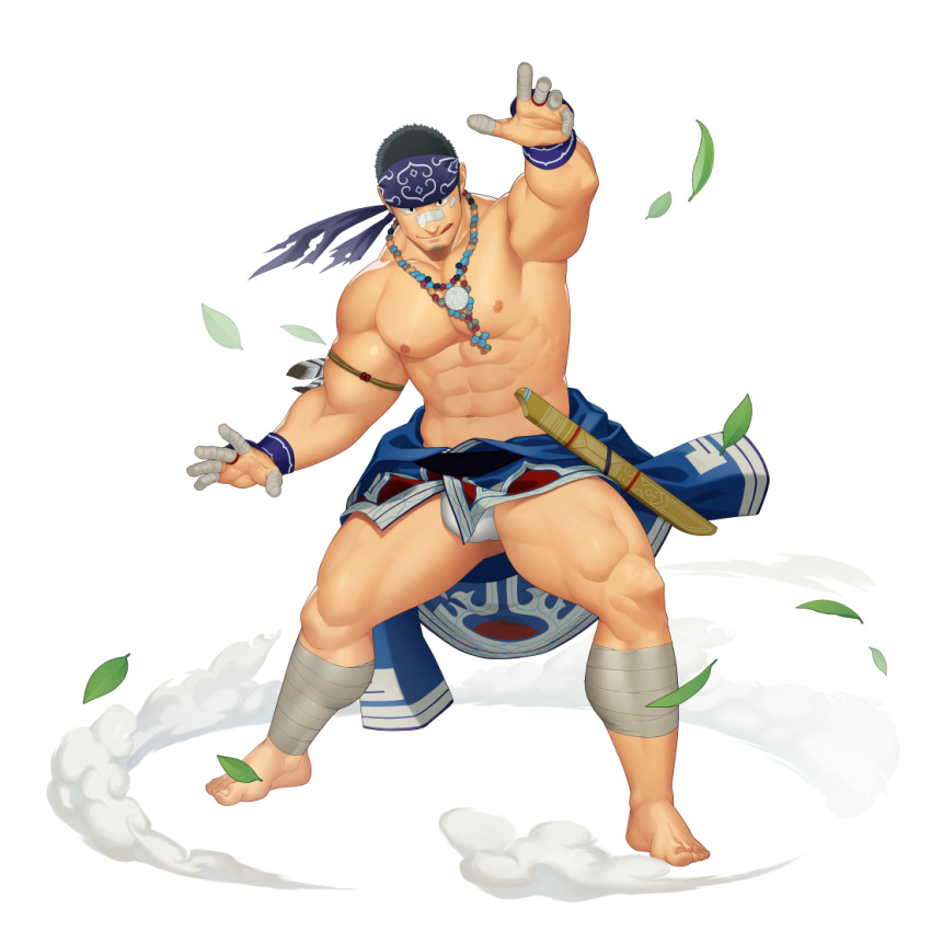 1boy abs armband bandages bandaid bandaid_on_face bara barefoot biceps black_eyes black_hair falling_leaves feet fighting_stance fundoshi gauntlets gyee headband itto_(mentaiko) japanese_clothes jewelry kamui_(gyee) large_pectorals leaf male_focus manly mature_male muscular muscular_male necklace nipples official_art pectorals short_hair simple_background skirt smile solo spiked_hair thick_arms thick_thighs thighs tongue tongue_out underwear white_background wind