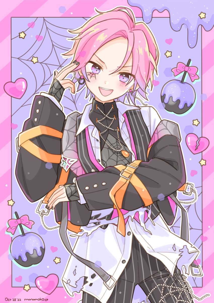 1boy apple blush border bow broken_heart ensemble_stars! food fruit happypuppy_guu heart highres long_sleeves looking_at_viewer male_focus official_alternate_costume open_mouth oukawa_kohaku pink_border pink_bow pink_hair purple_background purple_eyes smile solo spider_(ensemble_stars!) star_(symbol) striped_border