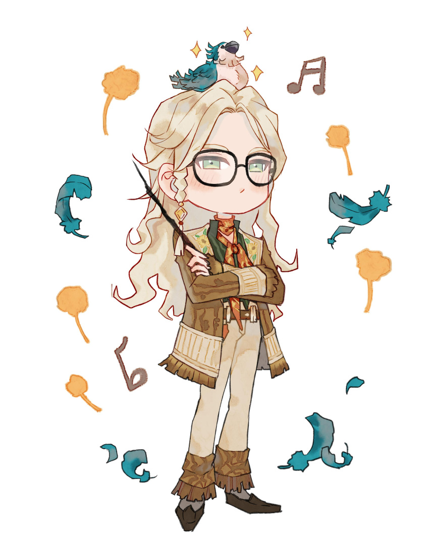 1girl :/ absurdres animal_on_head bird bird_on_head black-framed_eyewear blonde_hair blue_feathers brown_footwear brown_jacket brown_pants curly_hair feathers full_body glasses green_eyes green_shirt harry_potter:_magic_awakened harry_potter_(series) highres holding holding_own_arm holding_wand jacket long_hair musical_note neckerchief on_head orange_neckerchief pants parrot parted_bangs shirt solo sparkle standing wand white_background wizarding_world xialuo_yingling