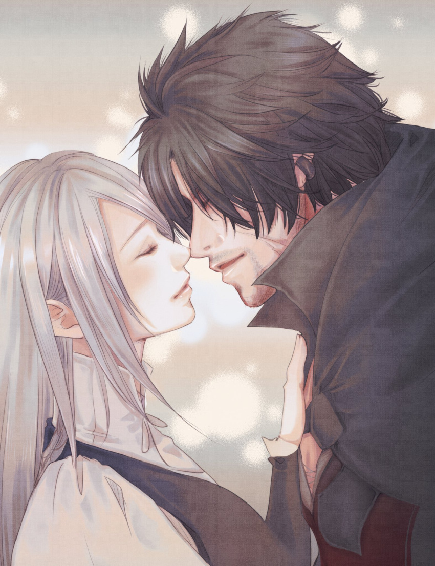 1boy 1girl black_hair clive_rosfield closed_eyes couple earrings face-to-face facial_hair final_fantasy final_fantasy_xvi grey_hair hand_on_another's_chest hetero highres imminent_kiss jewelry jill_warrick long_hair mixmomo_yah noses_touching scar scar_on_face short_hair simple_background smile upper_body