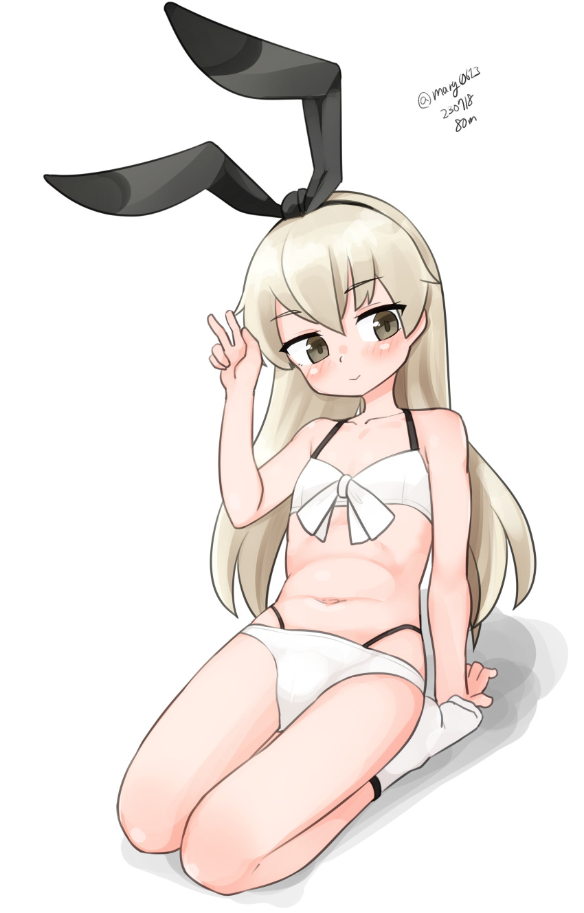 1girl absurdres bikini black_hairband blonde_hair dated front-tie_bikini_top front-tie_top grey_eyes hairband highres kantai_collection layered_bikini leaning_back long_hair looking_at_viewer maru_(marg0613) official_alternate_costume one-hour_drawing_challenge seiza shimakaze_(kancolle) simple_background sitting socks solo swimsuit v white_background white_bikini white_socks