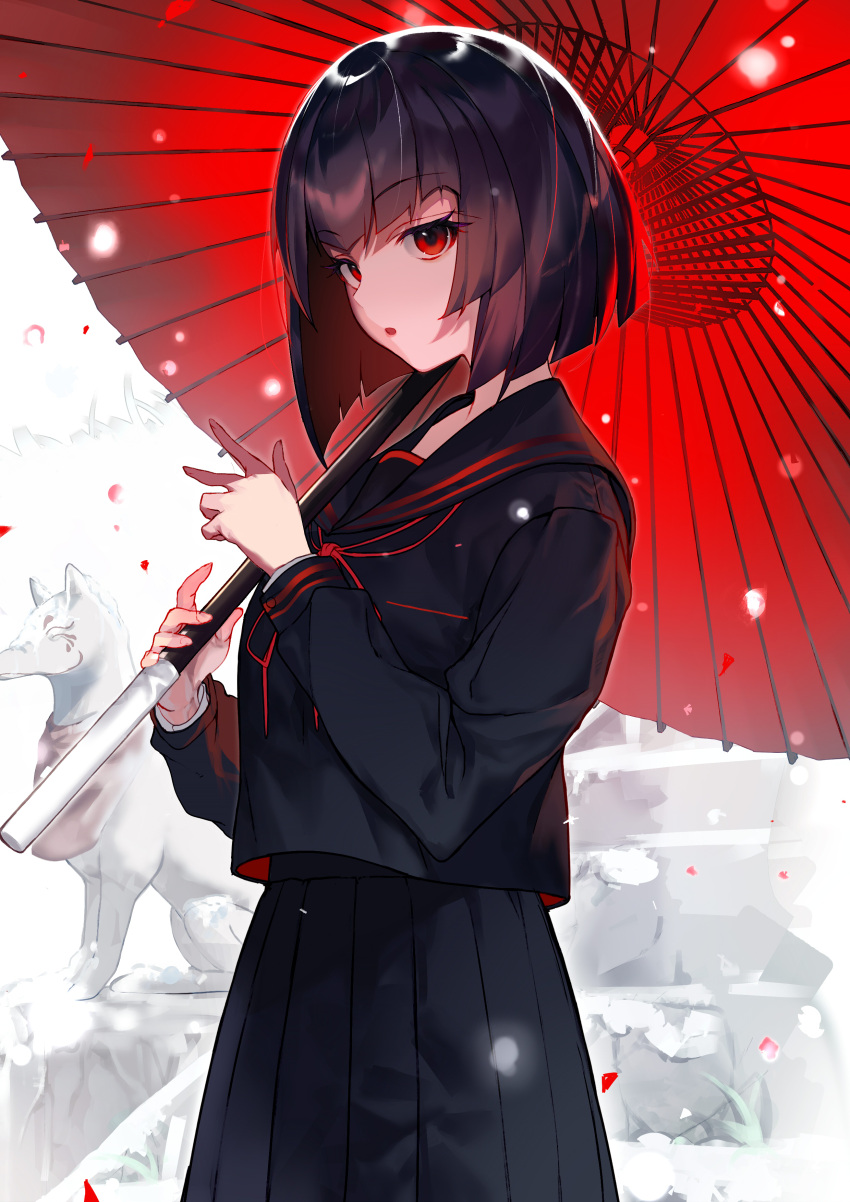 1girl absurdres black_hair black_sailor_collar black_serafuku black_skirt bow fox_statue highres holding holding_umbrella long_sleeves looking_at_viewer neckerchief oil-paper_umbrella ore624 original outdoors parted_lips pleated_skirt red_bow red_eyes red_neckerchief red_umbrella sailor_collar school_uniform serafuku short_hair skirt snowing solo statue umbrella white_background