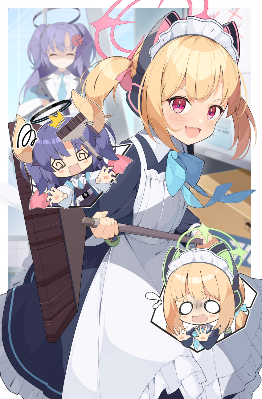0_0 2girls @_@ absurdres anger_vein animal_ear_headphones animal_ears annoyed applepie_1201 apron aqua_ribbon blank_eyes blonde_hair blue_archive blue_hair blue_necktie blush blush_stickers broom cat_ear_headphones chibi chibi_inset closed_eyes closed_mouth commentary_request demon_girl demon_horns demon_wings dress fake_animal_ears flying_sweatdrops frilled_apron frilled_dress frills halo headphones highres holding holding_broom horns looking_at_viewer maid_apron maid_headdress midori_(blue_archive) midori_(maid)_(blue_archive) momoi_(blue_archive) momoi_(maid)_(blue_archive) multiple_girls necktie off_shoulder open_mouth parted_bangs red_eyes ribbon short_hair sidelocks spoken_character squiggle teeth two_side_up upper_teeth_only white_headdress wings yuuka_(blue_archive)