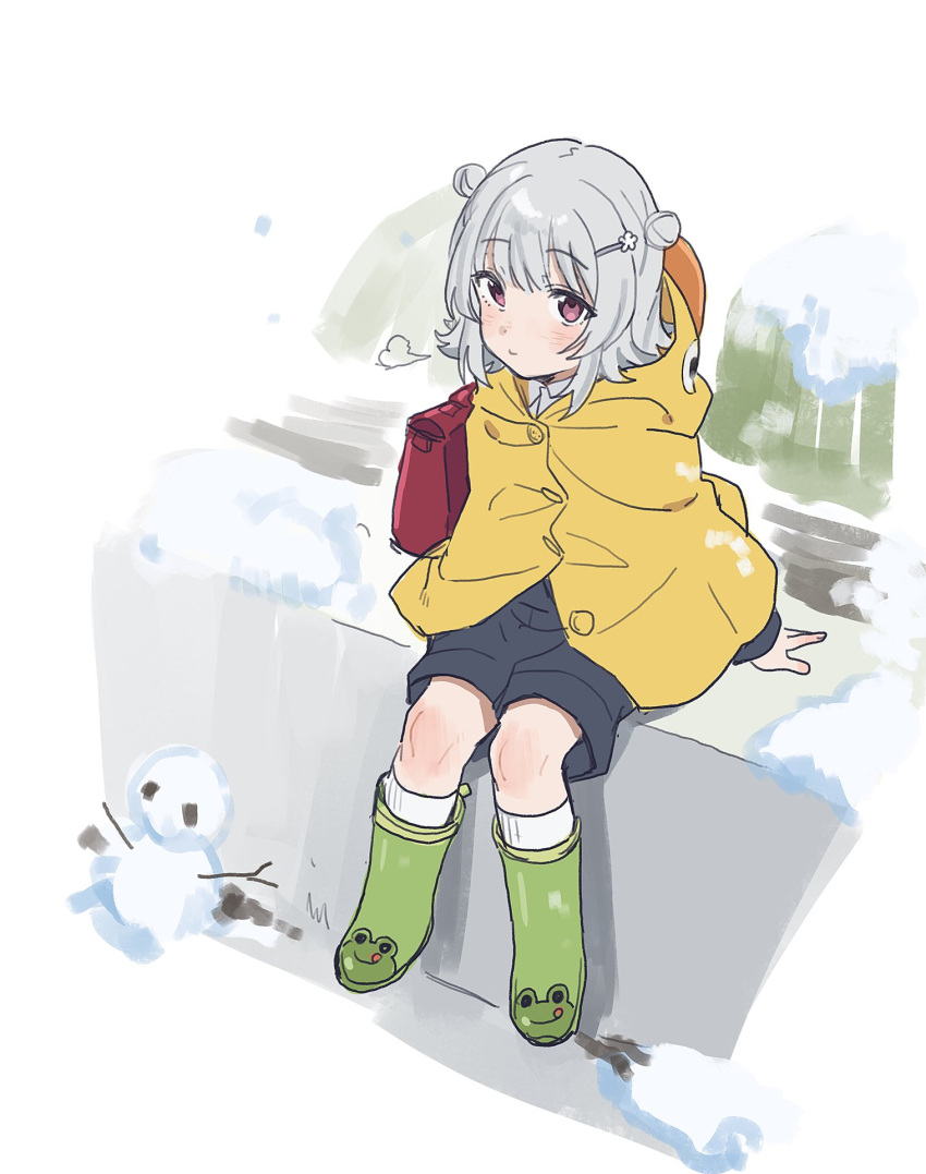 1girl animal_print black_jacket black_shorts character_request copyright_request frog_print grey_hair hair_ornament hairclip highres jacket raincoat red_bag red_eyes shorts snow snowman socks teshima_nari white_socks