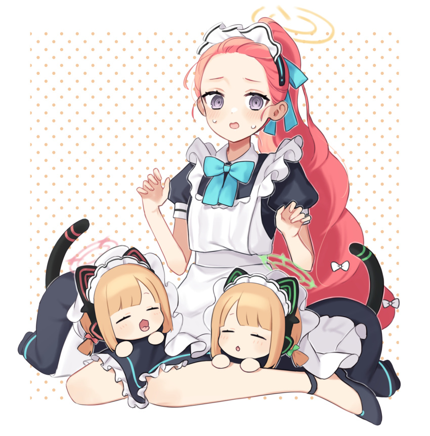 3girls all_fours animal_ear_headphones animal_ears apron black_dress blonde_hair blue_archive blue_bow blush bow bowtie cat_ear_headphones chibi dress fake_animal_ears forehead frilled_apron frills green_halo halo headphones highres lying maid maid_apron maid_headdress midori_(blue_archive) midori_(maid)_(blue_archive) momoi_(blue_archive) momoi_(maid)_(blue_archive) multiple_girls official_alternate_costume orange_halo ponytail poyadi puffy_short_sleeves puffy_sleeves red_hair ribbon short_hair short_sleeves siblings sisters tail twins twintails white_apron yellow_halo yuzu_(blue_archive) yuzu_(maid)_(blue_archive)