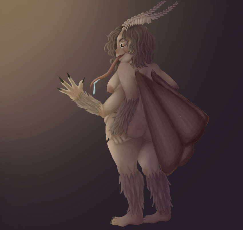 absurd_res antennae_(anatomy) anthro areola arthropod big_areola big_butt big_tongue blush bodily_fluids body_blush breasts brown_areola brown_hair butt chubby_anthro chubby_belly chubby_female clawed_fingers claws drooling female fur fuzzy hair hi_res insect jellykinz lepidopteran monster_girl_(genre) moth multi_arm multi_limb nipples nude proboscis_(anatomy) saliva short_hair slightly_chubby solo thick_thighs toe_claws wavy_hair wings