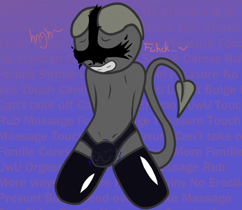 absurd_res bulge chastity_bulge chastity_device clothing concern demon eyeless flinch girly grey_body grey_skin hands_behind_back hi_res horn humanoid hypnosis kneeling latex_clothing latex_stockings legwear lingerie looking_down lustdevil male mind_break mind_control solo tail taur text text_background underwear uwu
