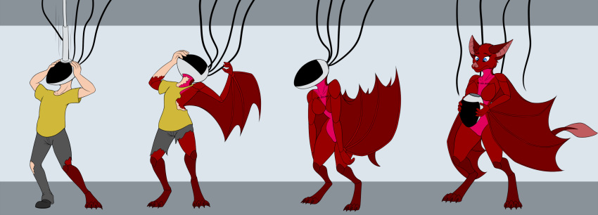 anthro bat blue_eyes breasts clothed clothing colored female gender_transformation growth head_set hi_res human male mammal mid_transformation mtf_transformation red_body small_breasts solo species_transformation tail tail_growth tomek1000 torn_clothing transformation winged_arms wings