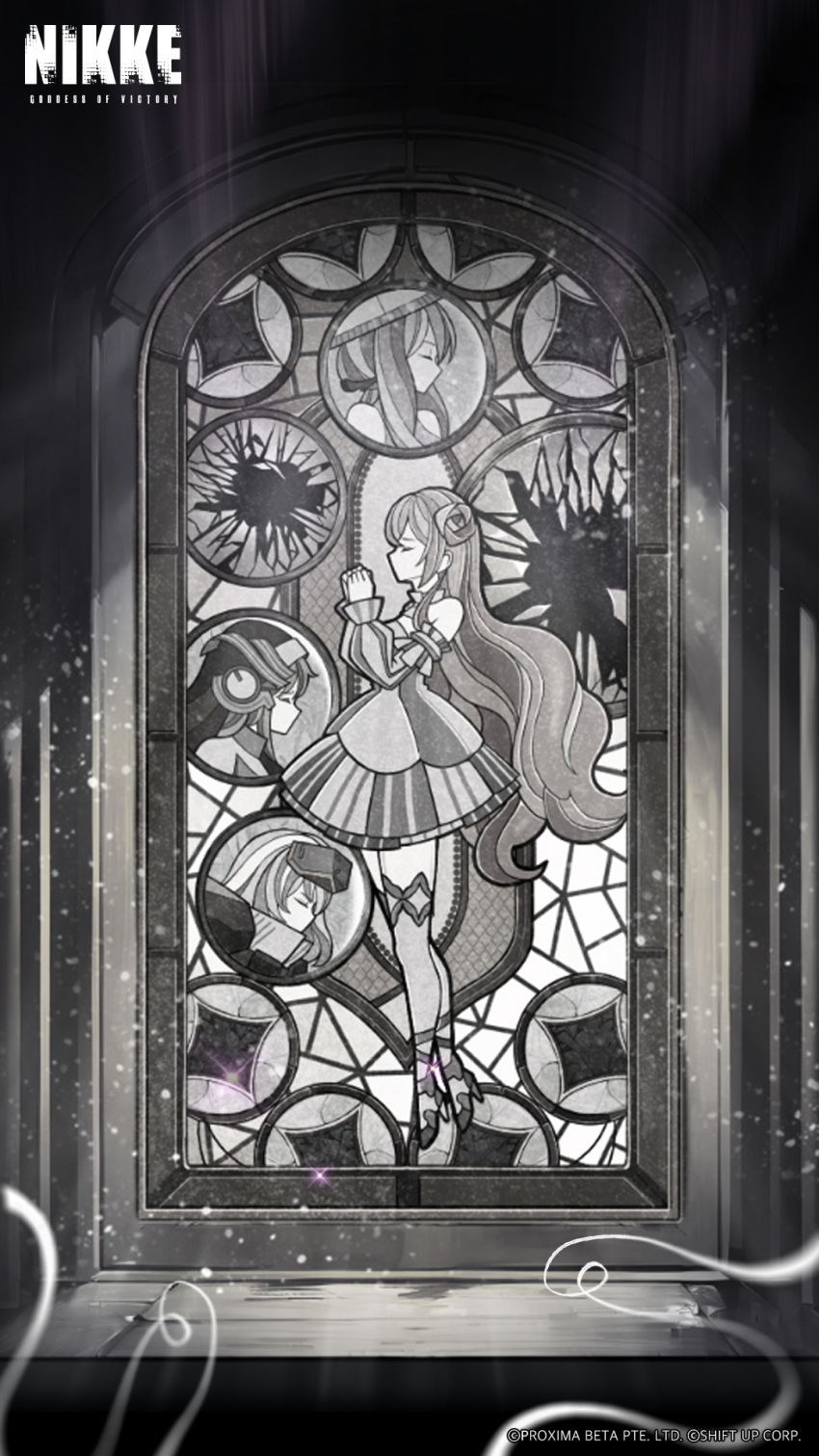 4girls bare_shoulders broken_glass closed_eyes dorothy_(nikke) dress frilled_dress frills glass goddess_of_victory:_nikke greyscale hair_bun hat highres long_hair monochrome multiple_girls no_mouth nun official_art rapunzel_(nikke) scarlet_(nikke) skirt snow_white_(nikke) socks stained_glass