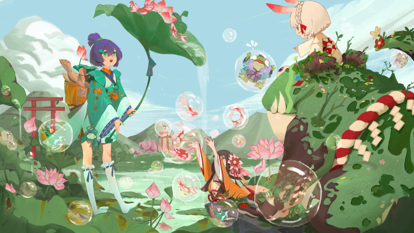 3girls :o absurdres animal_ears arms_up black_hair blue_sky bob_cut bubble character_request cloud flower frog green_eyes green_kimono hair_flower hair_ornament highres holding holding_leaf in_bubble japanese_clothes kimono koi leaf long_hair long_sleeves looking_up lotus lotus_leaf lotus_root mountain multiple_girls onmyoji orange_kimono outdoors partially_submerged pond purple_hair rabbit_ears ribbed_legwear short_hair sky socks summer topknot torii white_hair white_kimono white_socks wide_sleeves yi_er_san