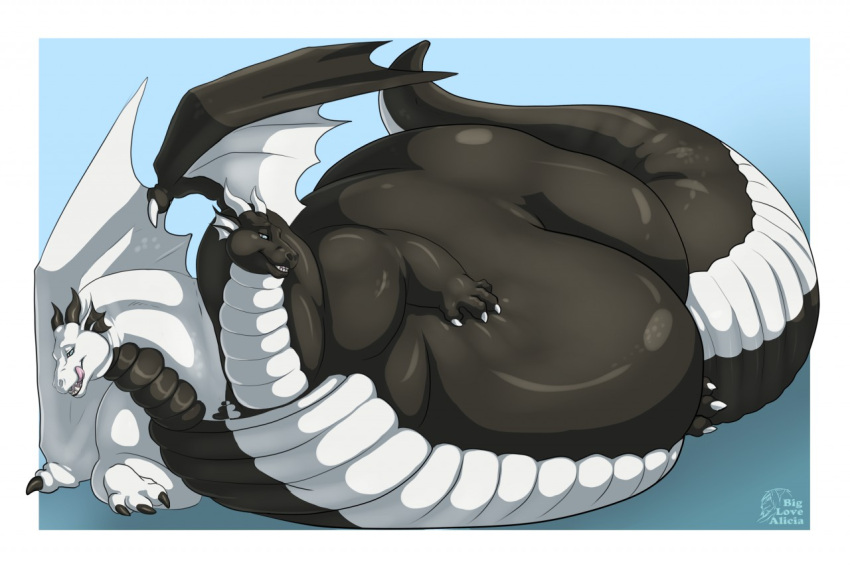 2018 2_heads 2_horns 3_toes 4_fingers belly big_belly big_tail biglovealicia black_body black_claws black_horn black_scales border cel_shading cheek_bulge cheek_frill claws digital_drawing_(artwork) digital_media_(artwork) digitigrade dragon fangs feet feral finger_claws fingers frill_(anatomy) full-length_portrait grey_eyes hand_on_stomach horn huge_arms huge_tail huge_thighs hyper hyper_belly light lighting long_neck long_tail looking_at_viewer lying lying_on_ground male membrane_(anatomy) membranous_wings morbidly_obese morbidly_obese_feral multi_head multicolored_body obese obese_feral on_side open_mouth overweight overweight_feral portrait scales scalie shaded signature simple_background smile solo tail teeth thick_neck thick_tail thick_thighs toe_claws toes tongue tongue_out two_tone_body western_dragon white_body white_border white_claws white_horn white_scales wings