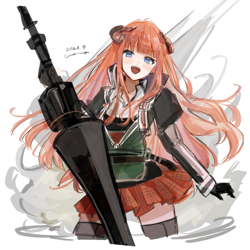 1girl :d arknights bagpipe_(arknights) black_gloves black_jacket black_thighhighs blue_eyes commentary_request cropped_legs dated gloves highres holding holding_polearm holding_weapon jacket juliet_sleeves k-yosinori lance long_hair long_sleeves looking_at_viewer orange_hair pleated_skirt polearm puffy_sleeves red_skirt shirt simple_background skirt smile solo thighhighs very_long_hair weapon white_background white_shirt