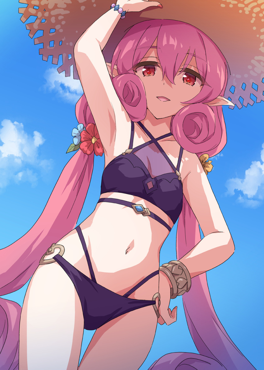 1girl arm_up armpits bare_shoulders bikini blue_sky blush bracelet breasts collarbone commentary_request elf flower hair_flower hair_ornament hat highres jewelry long_hair looking_at_viewer marugoshi_(54burger) navel neneka_(princess_connect!) neneka_(summer)_(princess_connect!) open_mouth partial_commentary pink_eyes pink_hair pointy_ears princess_connect! purple_bikini sky small_breasts smile solo straw_hat swimsuit thighs twintails very_long_hair