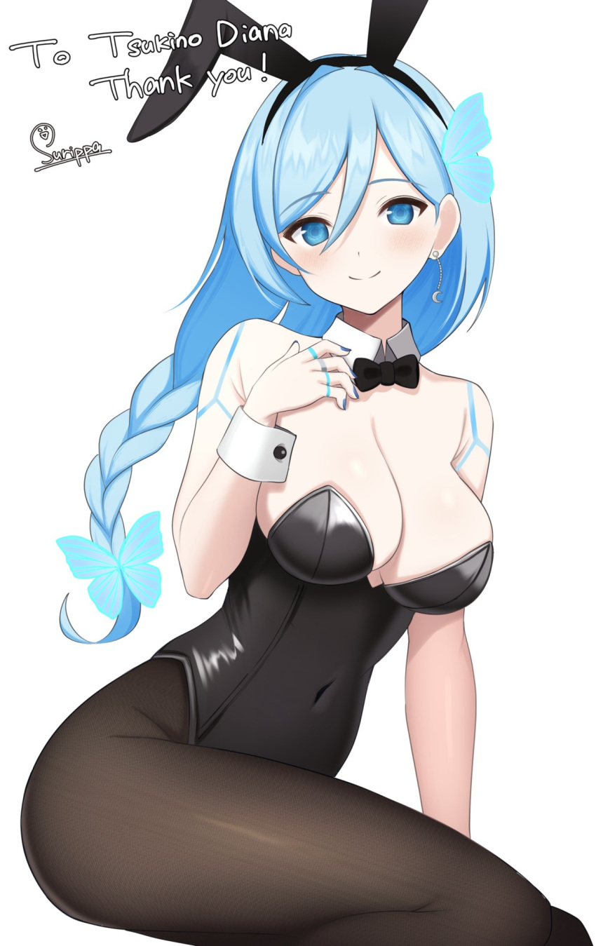 1girl android animal_ears bare_shoulders blue_eyes blue_hair bow bowtie braid braided_ponytail breasts butterfly_hair_ornament cleavage commission detached_collar fake_animal_ears hair_ornament highres indie_virtual_youtuber large_breasts leotard looking_at_viewer pantyhose playboy_bunny rabbit_ears signature skeb_commission strapless surippa1010 tsukino_diana wrist_cuffs