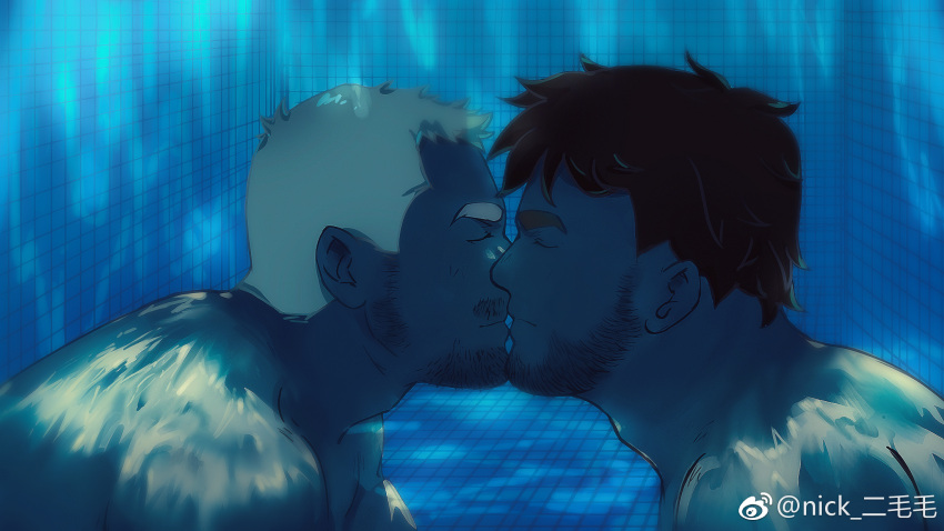 2boys amo_(youtian) artist_request asgar_(youtian) bara beard_stubble borrowed_character closed_eyes couple from_side highres imminent_kiss ji_peng_gou_you male_focus mature_male multiple_boys mustache_stubble noses_touching nude pool refraction shadow short_hair sideburns sideburns_stubble thick_eyebrows underwater upper_body