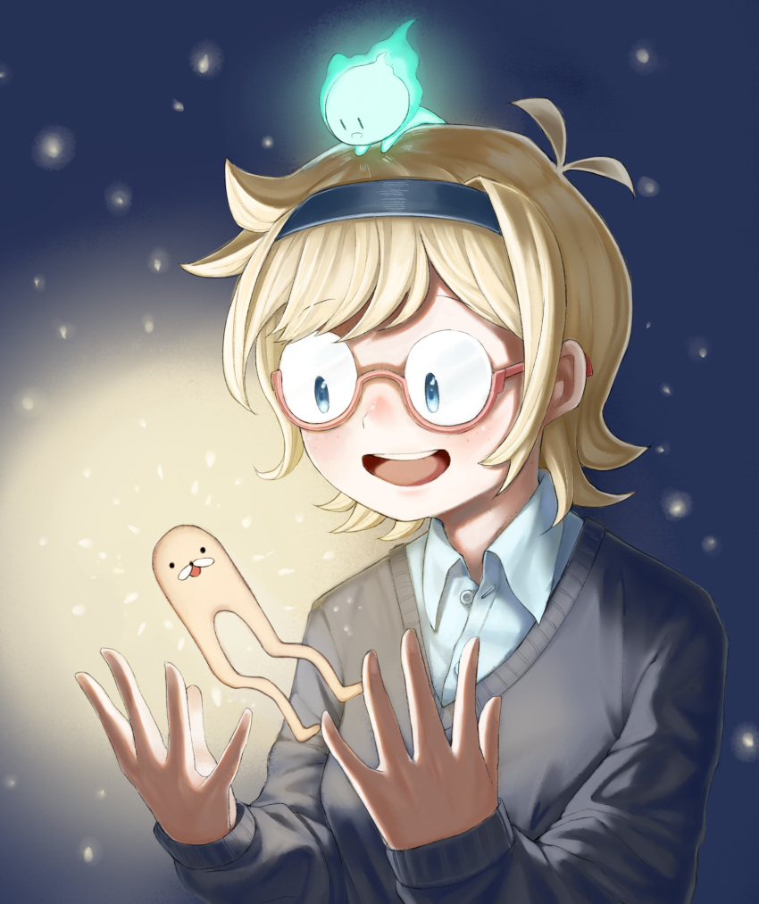 1girl 4chan :d antenna_hair blonde_hair blue_eyes blue_hairband blue_shirt buttons collared_shirt diu9you dress_shirt english_commentary freckles glasses gondola_(meme) hairband hands_up highres little_witch_academia long_sleeves lotte_jansson meme open_mouth pink-framed_eyewear round_eyewear round_teeth semi-rimless_eyewear shirt short_hair smile solo teeth under-rim_eyewear upper_teeth_only v-neck