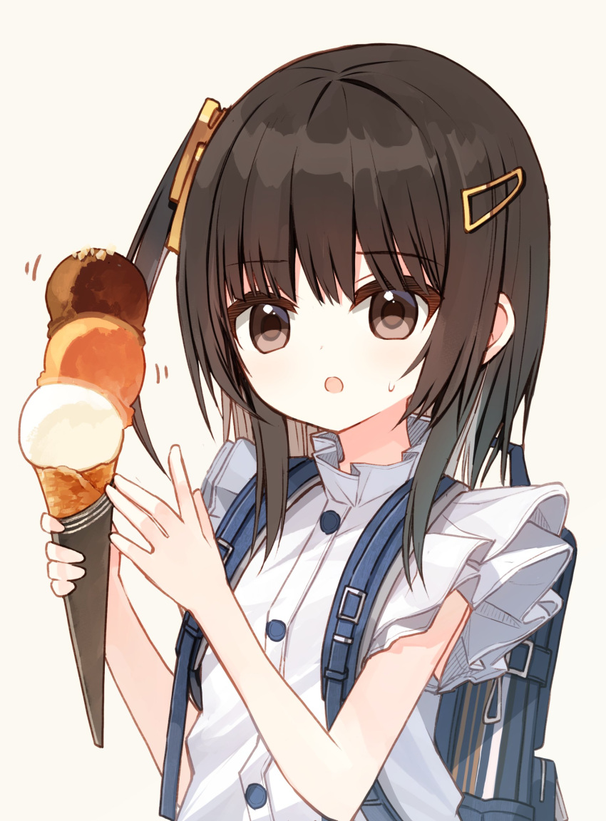 1girl :o absurdres backpack bag bare_arms brown_eyes brown_hair commentary_request food grey_background hair_ornament hairclip highres holding holding_food ice_cream ice_cream_cone long_hair looking_away motion_lines one_side_up original parted_lips shiho_(yuuhagi_(amaretto-no-natsu)) shirt simple_background solo sweat triple_scoop upper_body white_shirt yuuhagi_(amaretto-no-natsu)