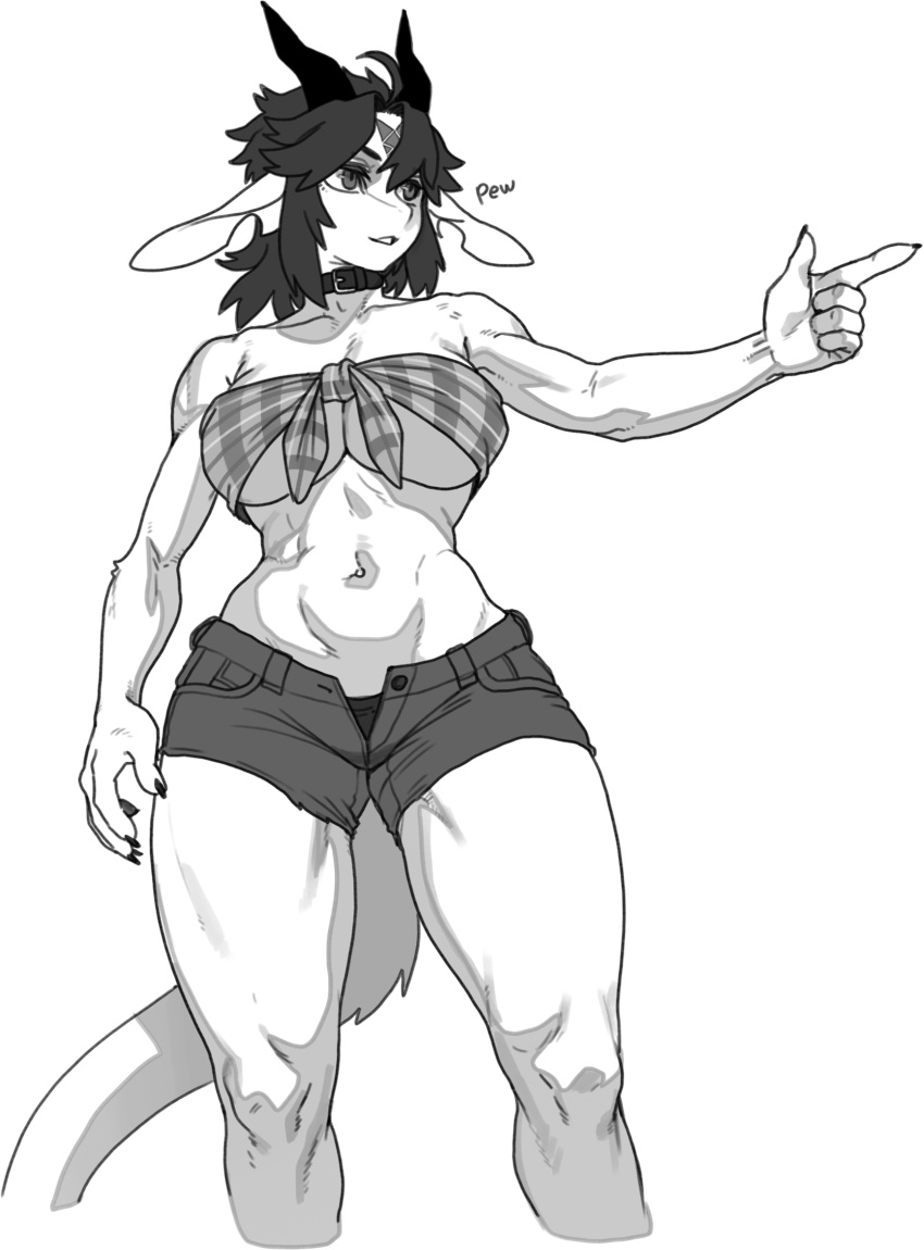 2023 anthro big_breasts bottomwear breasts chabett clothing collar dragon eyebrows eyelashes female finger_gun gesture hair hi_res horn midriff monochrome navel pgm300 shirt short_hair shorts solo tied_shirt topwear under_boob wingless_dragon