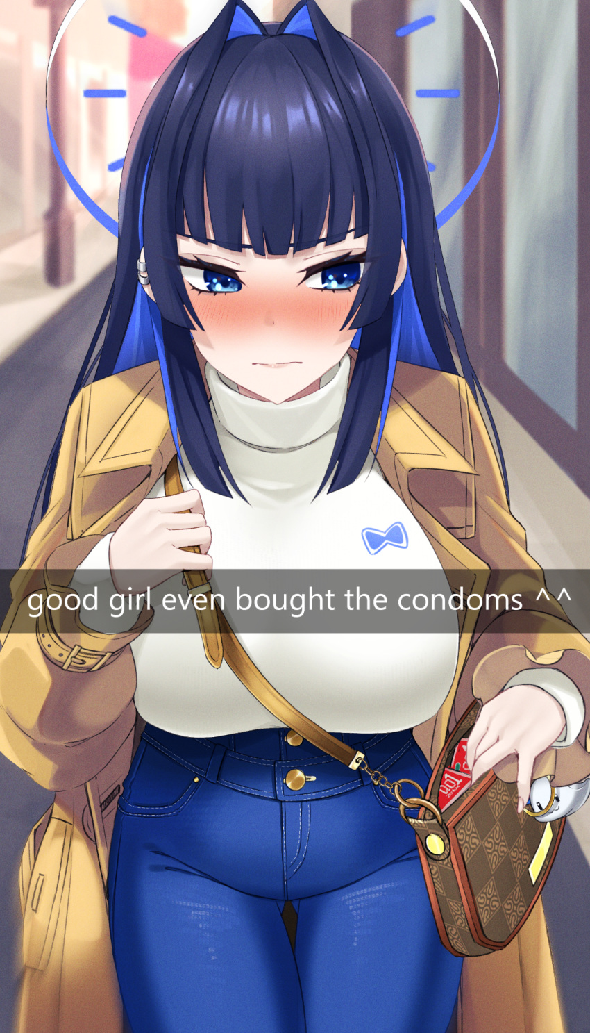 1girl averting_eyes bag blue_eyes blue_pants blush breasts coat condom_box denim english_text fake_screenshot hair_intakes handbag highres hololive hololive_english jeans large_breasts nixour official_alternate_costume official_alternate_hair_length official_alternate_hairstyle ouro_kronii ouro_kronii_(3rd_costume) pants pov pov_hands snapchat sweater tight_clothes tight_pants trench_coat turtleneck turtleneck_sweater v-shaped_eyebrows virtual_youtuber white_sweater yellow_coat