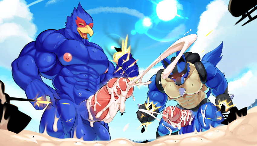 abs absurd_res aircraft anthro avian balls beak blue_body blush bodily_fluids canid canine cum cum_everywhere destruction duo erection excessive_cum excessive_genital_fluids eyes_closed falco_lombardi flooding frottage generation_4_pokemon genital_fluids genitals helicopter hi_res humanoid_genitalia humanoid_penis lucario macro male mammal manyu messy muscular muscular_anthro muscular_male nintendo nipples non-mammal_nipples orgasm pecs penis pokemon pokemon_(species) sea sex ship spines star_fox tail vehicle water watercraft