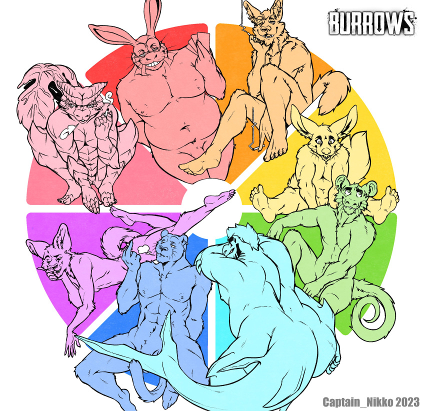 2023 5_fingers absurd_res anthro burrows_(captain_nikko) canid canine canis captain_nikko card cesar_(captain_nikko) cigarette color_wheel color_wheel_challenge eyebrows fennec fingers fish flat_colors fox gabriel_(captain_nikko) grey_(captain_nikko) group hi_res hiro_(captain_nikko) jean_(captain_nikko) ken_(captain_nikko) lagomorph leporid male mammal maned_wolf marine mark_(captain_nikko) marsupial monochrome nude possum rabbit shark smoking thick_eyebrows whiskers wolf