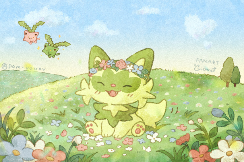 :3 :d ^_^ alternate_color artist_name blue_flower blue_sky blush bud closed_eyes cloud commentary_request day fangs field flower flower_wreath grass head_wreath hoppip mian_(user_kwcj2833) no_humans open_mouth outdoors pawpads pink_flower plant pokemon pokemon_(creature) red_flower shiny_pokemon signature sitting sky smile sprigatito tree twitter_username white_flower