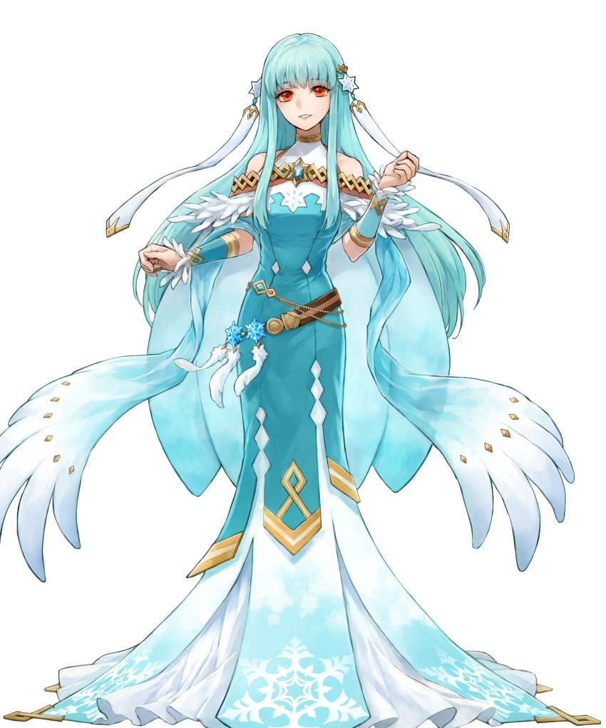 1girl bare_shoulders belt blue_hair breasts cape detached_sleeves dress feather_trim feathers fire_emblem fire_emblem:_the_blazing_blade fire_emblem_heroes full_body gradient_clothes hair_ornament hands_up highres long_dress long_hair long_skirt looking_at_viewer medium_breasts ninian_(fire_emblem) non-web_source official_art parted_lips red_eyes skirt smile snowflake_print snowflakes solo standing transparent_background uroko_(mnr)
