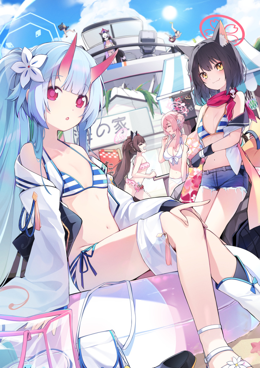 6+girls animal_ear_fluff animal_ears bag bare_shoulders bikini bikini_under_clothes black_hair blue_archive blue_hair blue_halo blue_sky blush breasts brown_hair chise_(blue_archive) chise_(swimsuit)_(blue_archive) cloud day ddangbi denim denim_shorts flower fox_ears fox_girl frilled_bikini frills hair_between_eyes hair_bun hair_flower hair_ornament halo highres horns innertube izuna_(blue_archive) izuna_(swimsuit)_(blue_archive) large_breasts long_hair looking_at_viewer maid_headdress mask mimori_(blue_archive) mimori_(swimsuit)_(blue_archive) multiple_girls navel off_shoulder official_alternate_costume oni_horns open_clothes open_mouth outdoors pink_hair red_eyes red_horns sand sandals sarong scarf seaside_sukeban_(mg)_(blue_archive) seaside_sukeban_(smg)_(blue_archive) shizuko_(blue_archive) shizuko_(swimsuit)_(blue_archive) short_hair shorts side-tie_bikini_bottom side_ponytail single_side_bun sitting sky small_breasts smile starfish string_bikini striped striped_bikini swimsuit tail twintails two-tone_bikini undressing very_long_hair wakamo_(blue_archive) wakamo_(swimsuit)_(blue_archive) white_bikini yellow_eyes