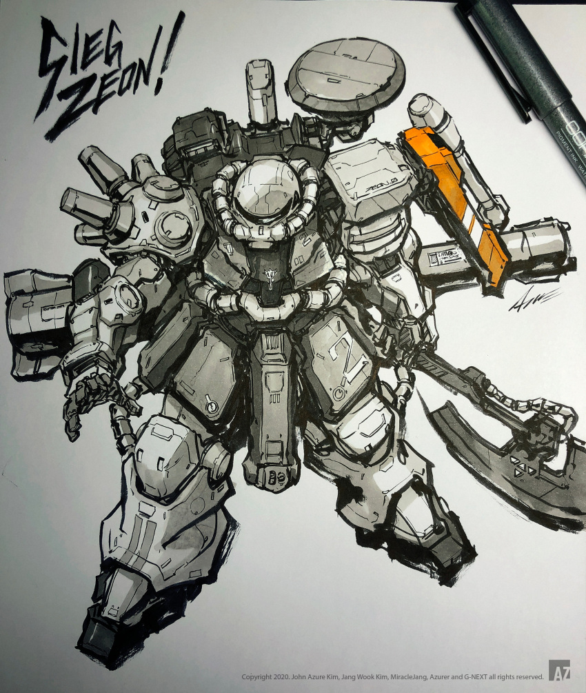 concept_art english_commentary english_text gundam heat_hawk highres ink_(medium) looking_at_viewer machinery mecha mobile_suit mobile_suit_gundam no_humans one-eyed original pen photo_(medium) redesign robot science_fiction signature sketch traditional_media zaku_ii zeon