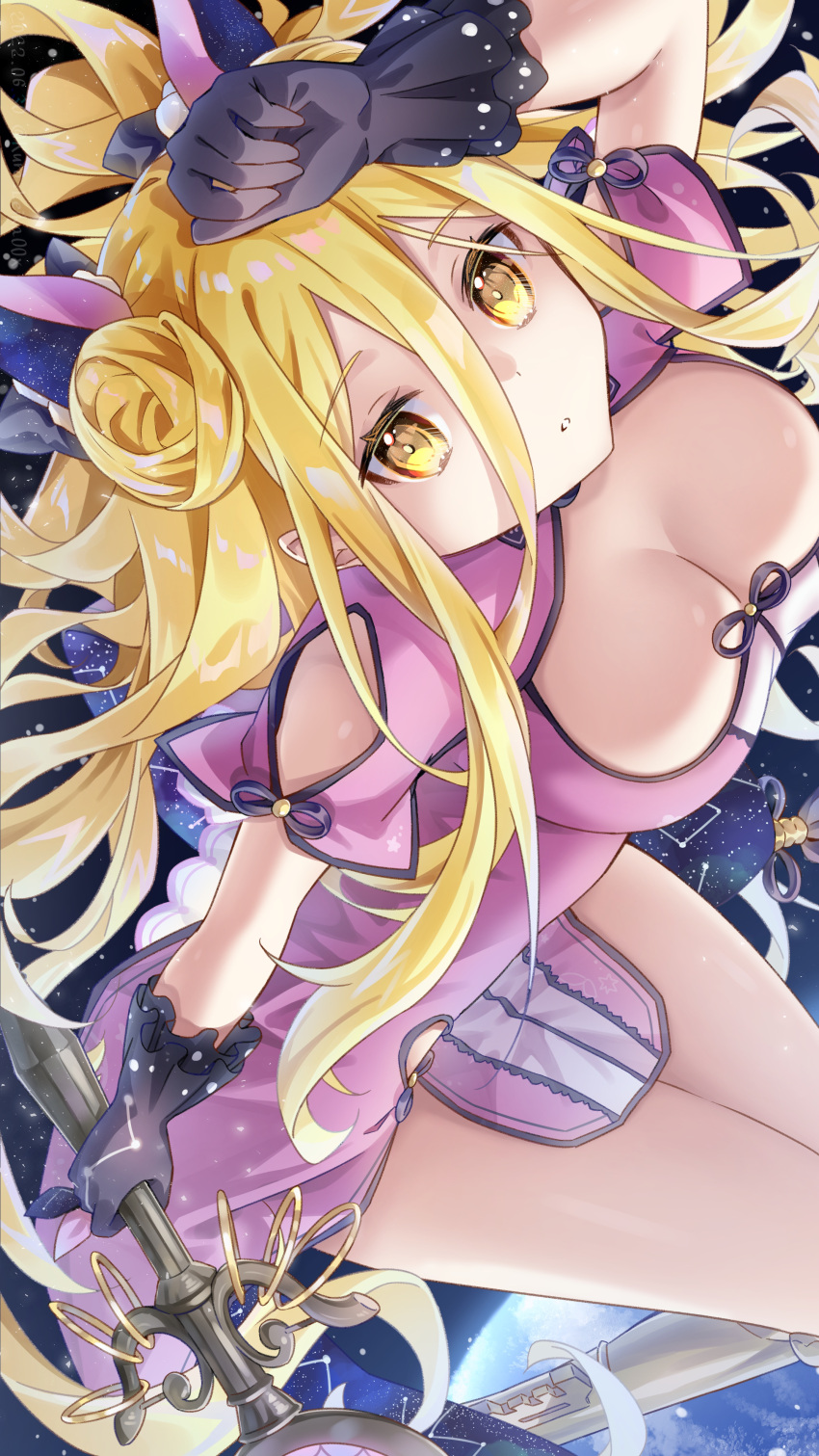 1girl absurdres blonde_hair breasts cleavage commentary date_a_live earth_(planet) highres hoshimiya_mukuro kuro_leika00x large_breasts planet space thighs yellow_eyes