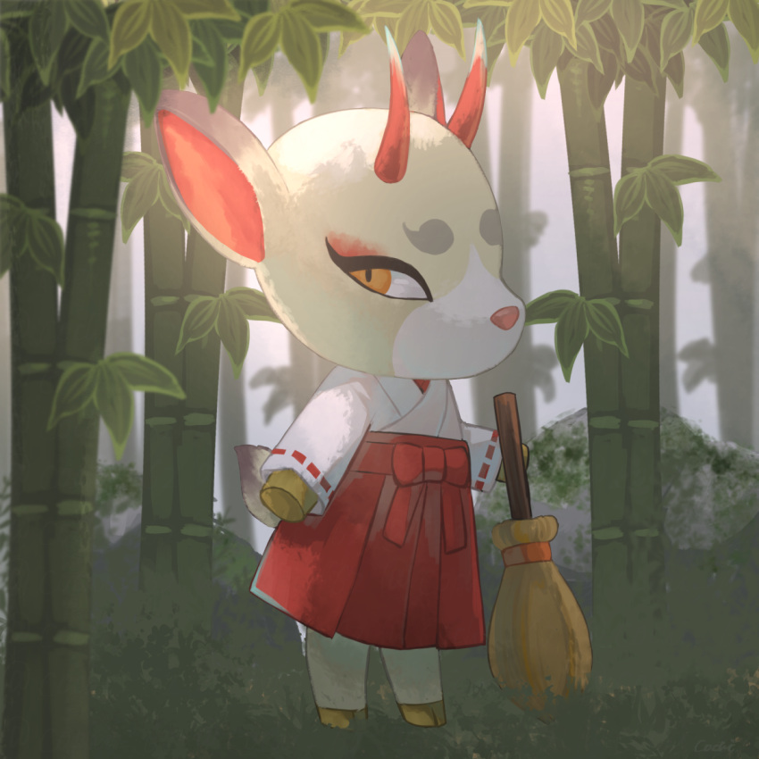 1girl animal_crossing bamboo bamboo_forest bow broom bush commentary_request deer_girl eyeshadow forest furry furry_female hakama highres holding holding_broom horns japanese_clothes kimono long_sleeves looking_at_viewer makeup miko nature red_bow red_eyeshadow red_hakama red_horns ribbon-trimmed_sleeves ribbon_trim shino_(animal_crossing) shiraisado_cochi solo standing white_kimono yellow_eyes