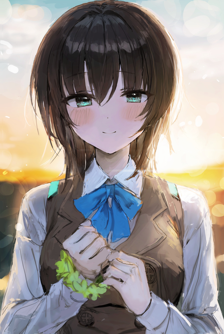 1girl absurdres aoi_erika aqua_eyes black_hair blue_bow bow bracelet brown_vest green_eyes heaven_burns_red highres jewelry lens_flare long_sleeves looking_at_viewer outdoors shirt smile solo sonchi sunrise upper_body vest white_shirt