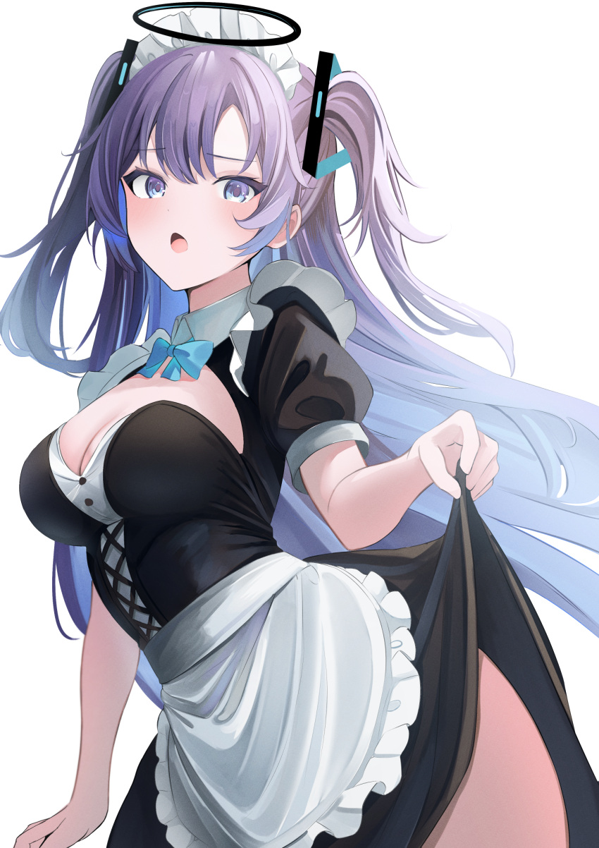 1girl alternate_costume apron black_dress blue_archive blue_bow blue_bowtie blush bow bowtie breasts cleavage cowboy_shot dress enmaided frilled_apron frills hair_between_eyes halo highres large_breasts long_hair looking_at_viewer maid maid_headdress mechanical_halo open_mouth puffy_short_sleeves puffy_sleeves purple_eyes purple_hair short_sleeves solo touyou_(39kir) two_side_up waist_apron white_apron yuuka_(blue_archive)
