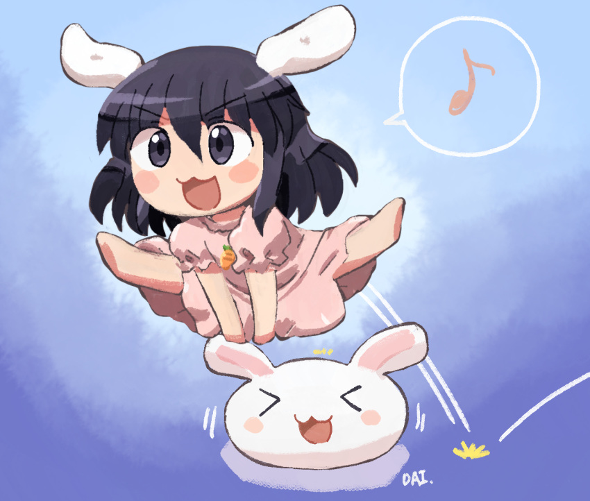 &gt;_&lt; 1girl :3 alternate_eye_color animal_ears barefoot black_eyes black_hair blue_background blush carrot_necklace chibi closed_eyes commentary_request dress floppy_ears frilled_sleeves frills full_body inaba_tewi jewelry jumping leap_frog musical_note necklace open_mouth pink_dress puffy_short_sleeves puffy_sleeves rabbit rabbit_ears rabbit_girl rokugou_daisuke short_hair short_sleeves smile solo spoken_musical_note touhou v-shaped_eyebrows